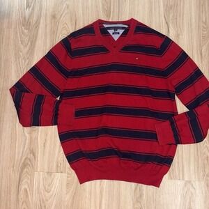 Tommy Hilfiger Men's Red/Blue Pima‎ Cotton V-Neck Pullover Sweater XXL